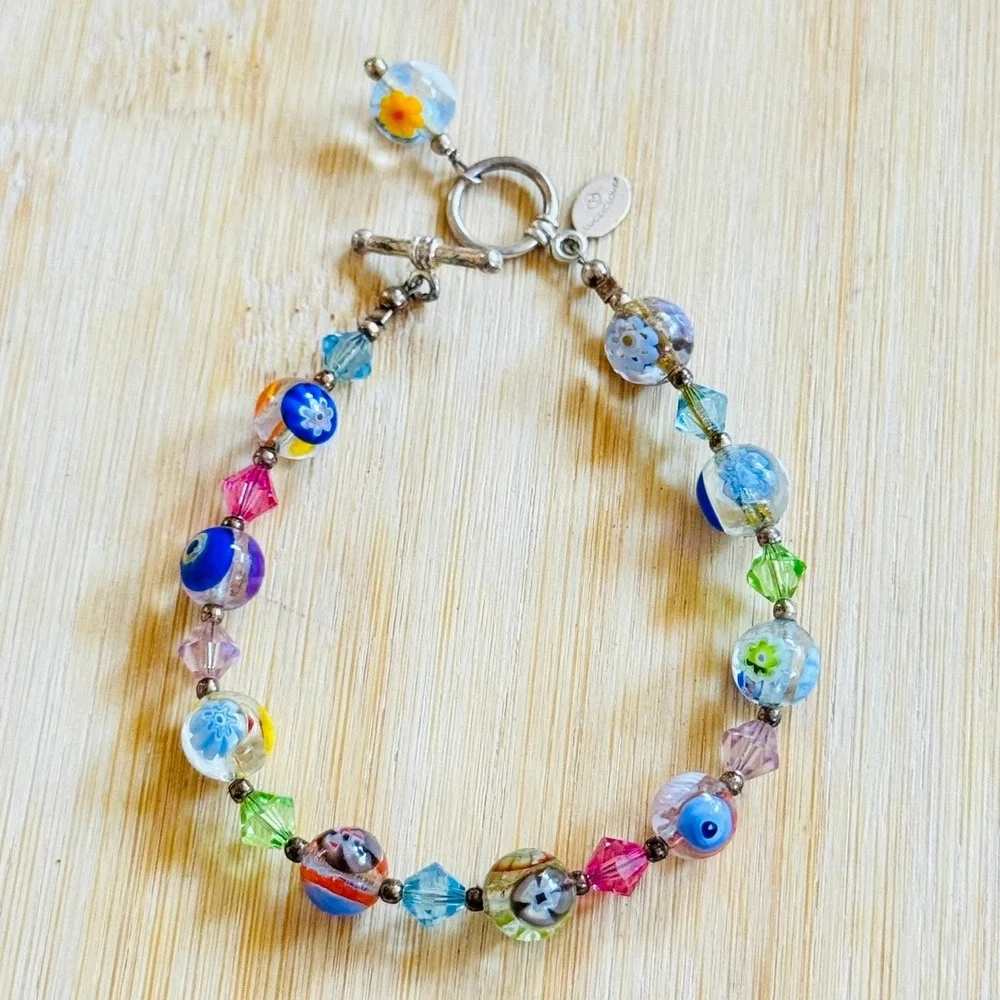 Lucky Clover Bracelet Murano Venetian Art Glass Beads Toggle Millefiori 925 7.5